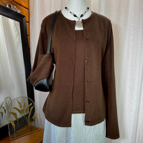Vintage Norton Brown Mock Twinset Cardigan Top Large Classic Minimalist Capsule - Picture 1 of 8